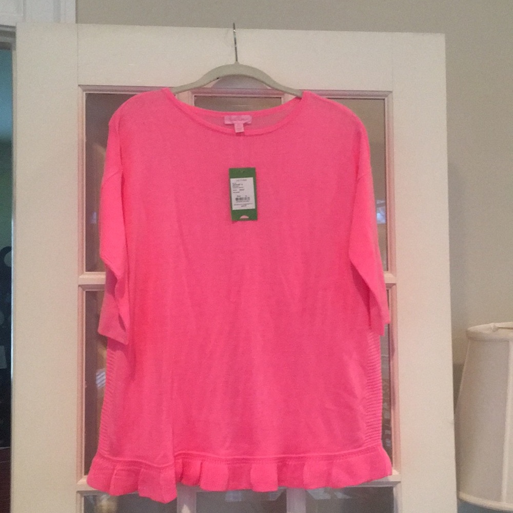 Lilly Pulitzer Girls Bright Pink Ruffle Hem Sweater